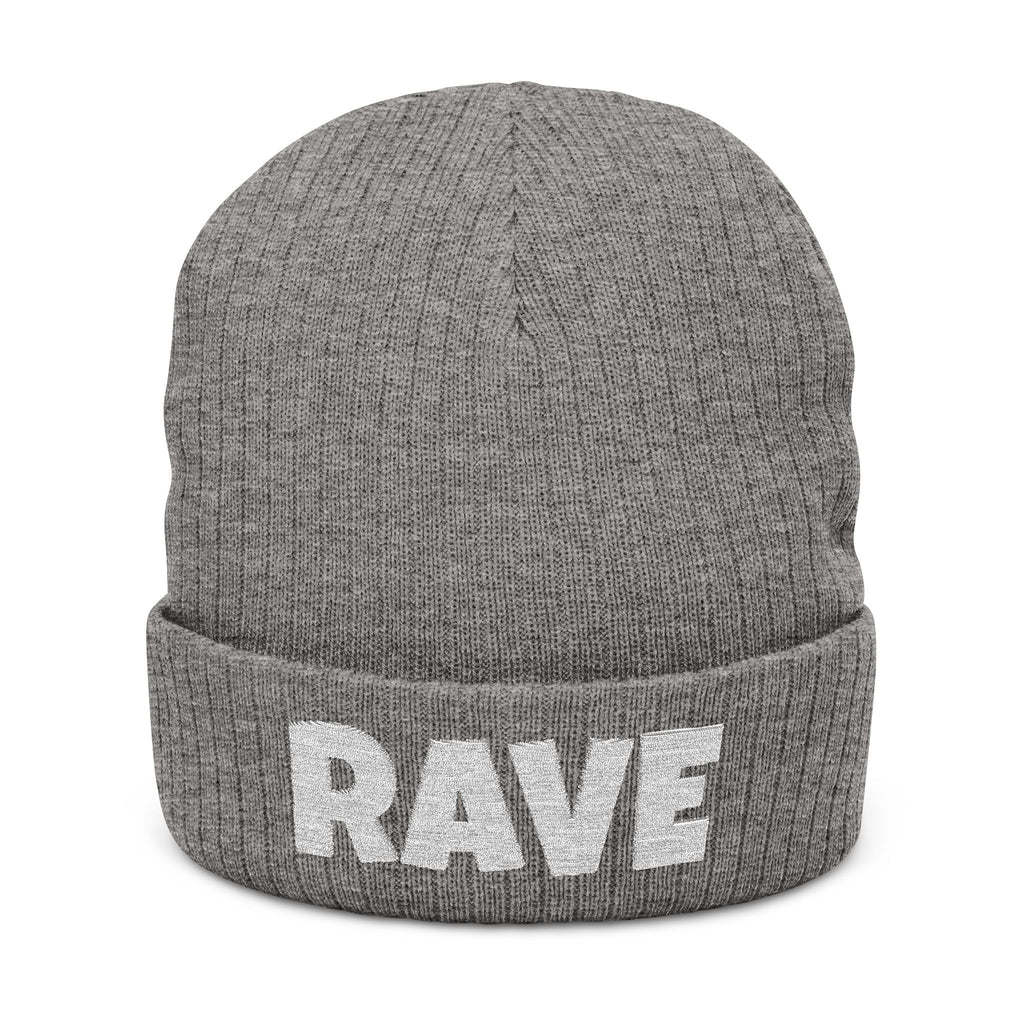 RAVE Ribbed Knit Beanie — Embroidered Cuffed Winter Hat for Music Lovers