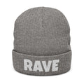 RAVE Ribbed Knit Beanie — Embroidered Cuffed Winter Hat for Music Lovers