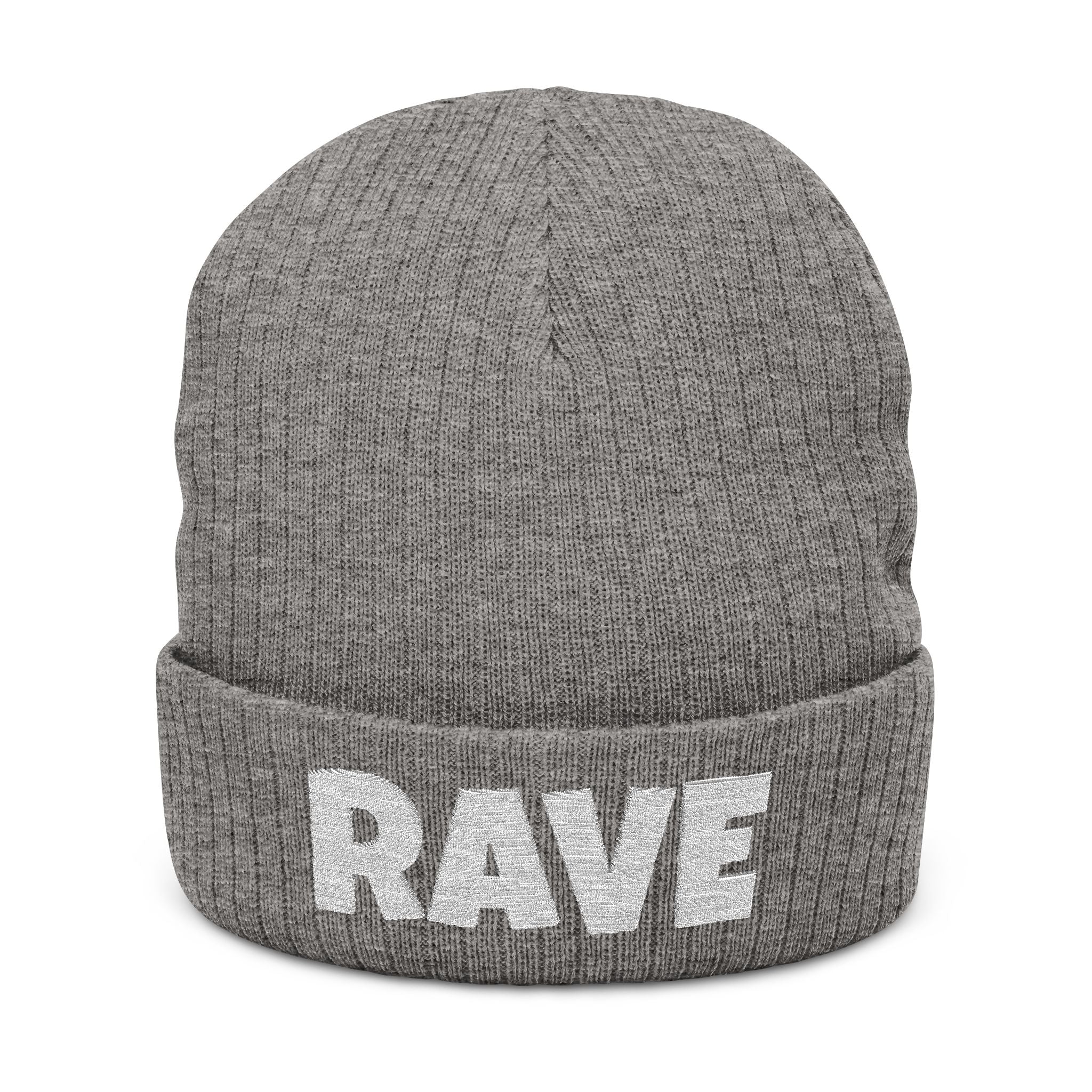 RAVE Ribbed Knit Beanie — Embroidered Cuffed Winter Hat for Music Lovers